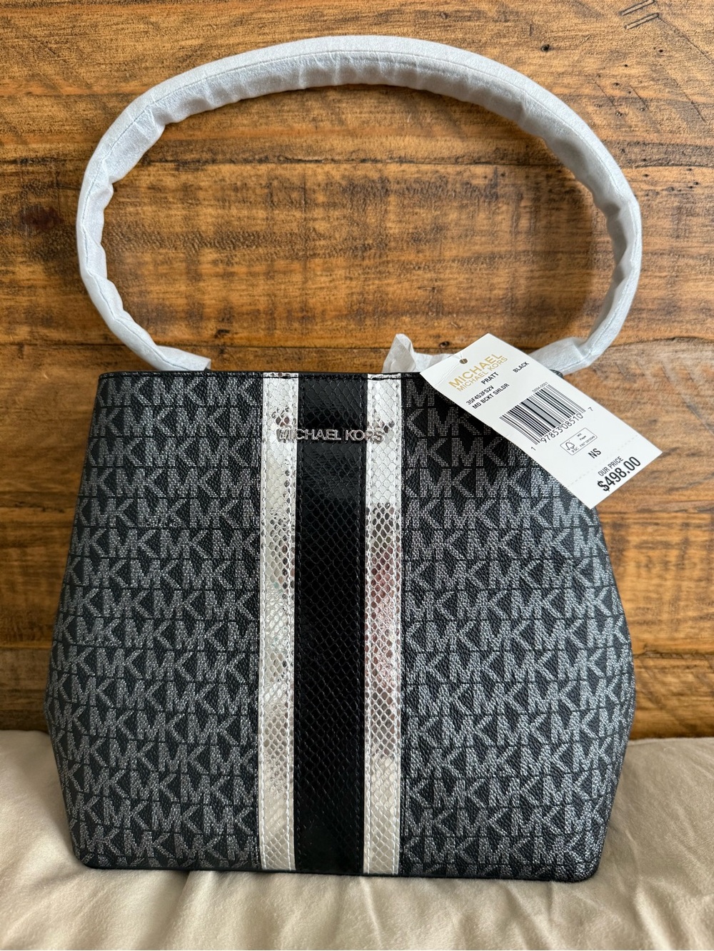 Michael Kors Black and Silver Monogram Shoulder Bag - Picture 3 of 9